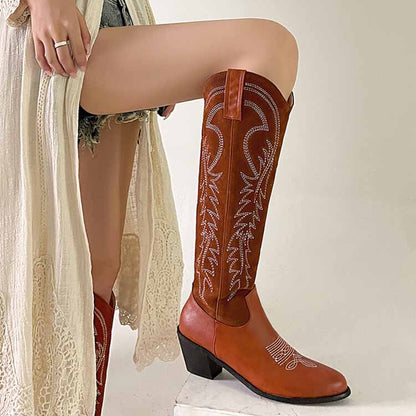 Stylish sd-hk womens western knee high boots in brown with intricate stitching, perfect for cowgirl outfits