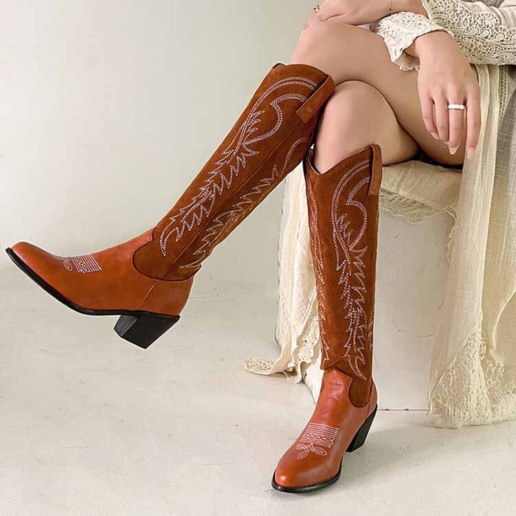 Stylish womens western knee high boots in brown with intricate stitching for a trendy look
