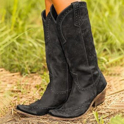 Black suede women's western short wedding boots with stylish stitching and a low heel
