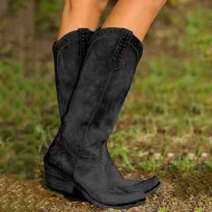 Black suede women's western short wedding boots with decorative stitching and low heels