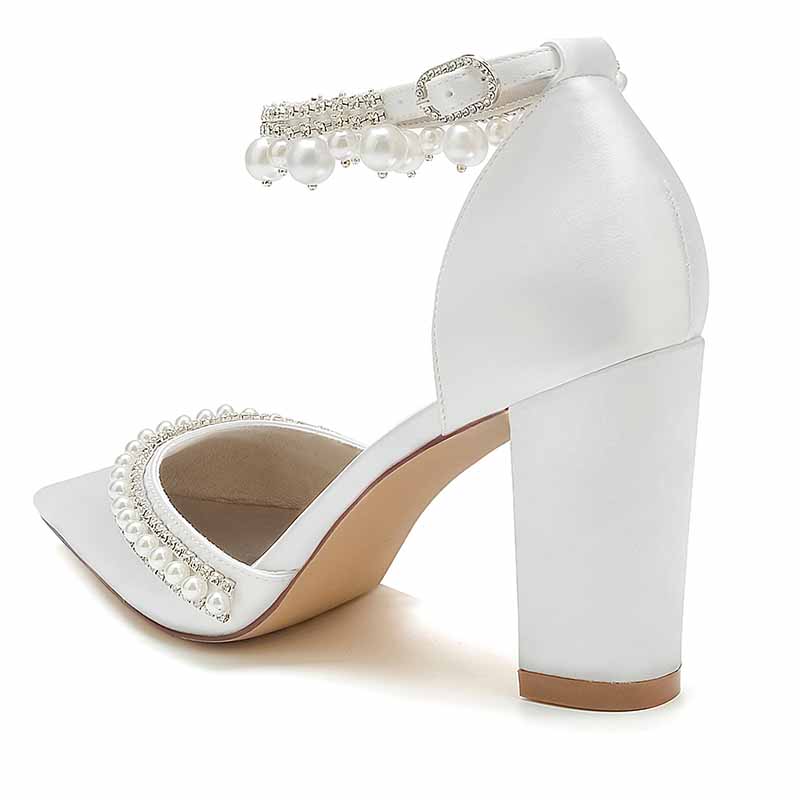 Elegant women's white block heel wedding shoes with pearl embellishments and ankle strap for bridal style