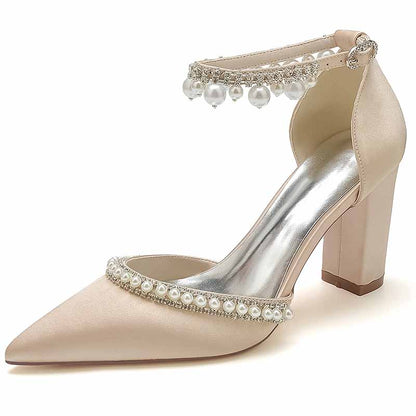 Women's white block heel wedding shoes with pearl detailing for elegant bridal attire