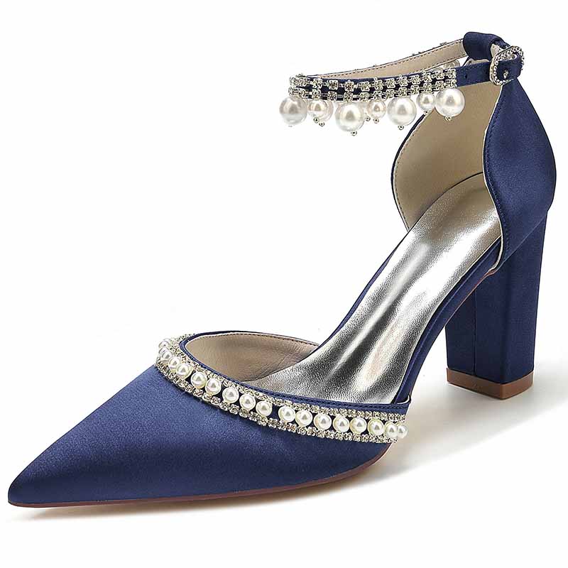 Elegant women's white block heel wedding shoes with pearl embellishments and ankle straps