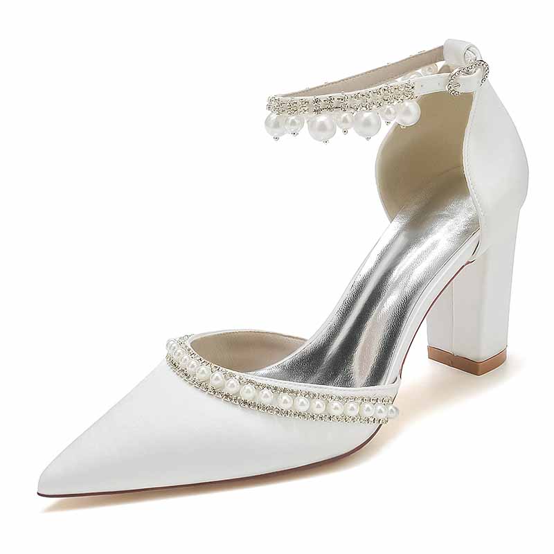 Women's white block heel wedding shoes with pearl and rhinestone detailing for elegant bridal style