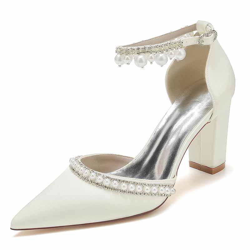 Stylish women's white block heel wedding shoes with pearl accents and ankle strap design
