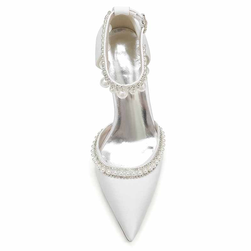 S&DCo. women's white block heel wedding shoes with elegant pearl detailing and stylish design