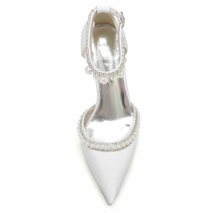 S&DCo. women's white block heel wedding shoes with elegant pearl detailing and stylish design