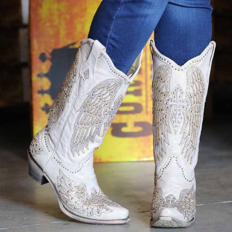 Women's white glitter wedding boots with detailed embellishments and western style design