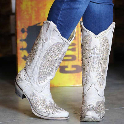 Women's white glitter wedding boots with detailed embellishments and western style design