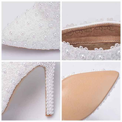 Women's white wedding ankle boots with pearl embellishments and elegant lace detailing