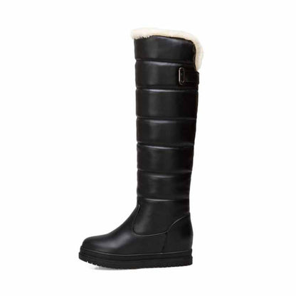 women's winter knee high boots in black with soft lining and adjustable side buckle
