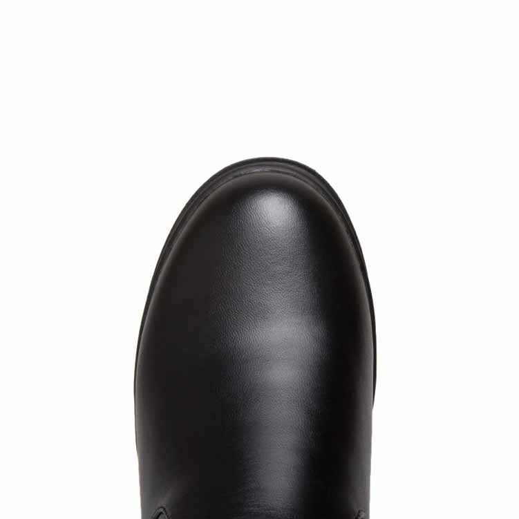 Close-up of women's winter knee high boots in sleek black leather